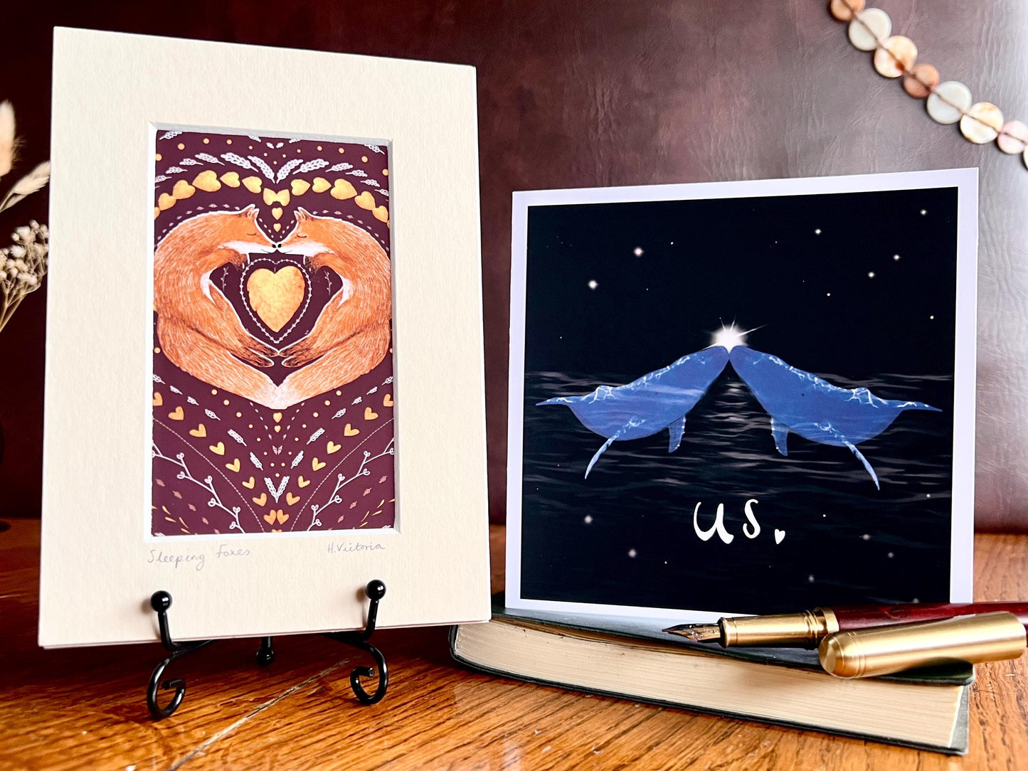Sleeping Foxes Art Print & Blue Whales Meaningful Card – Romantic Woodland and Ocean Gift Set