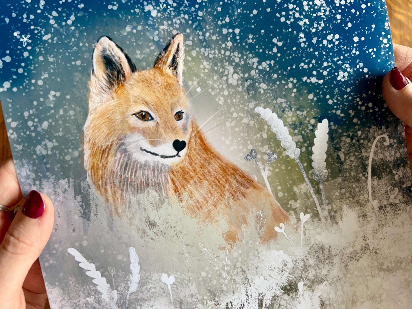 Fox and Moon Art Print – Snowy Night Woodland Illustration – Mystical Animal Artwork for Magical or Moody Interiors