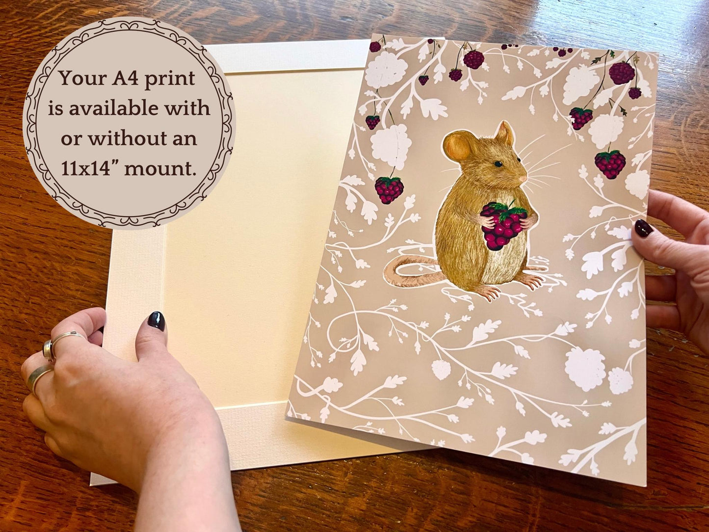 Woodland Mouse Art Print – Blush Pink Background with Blackberry & Bramble Pattern – Nursery or Calm Interior Wall Art