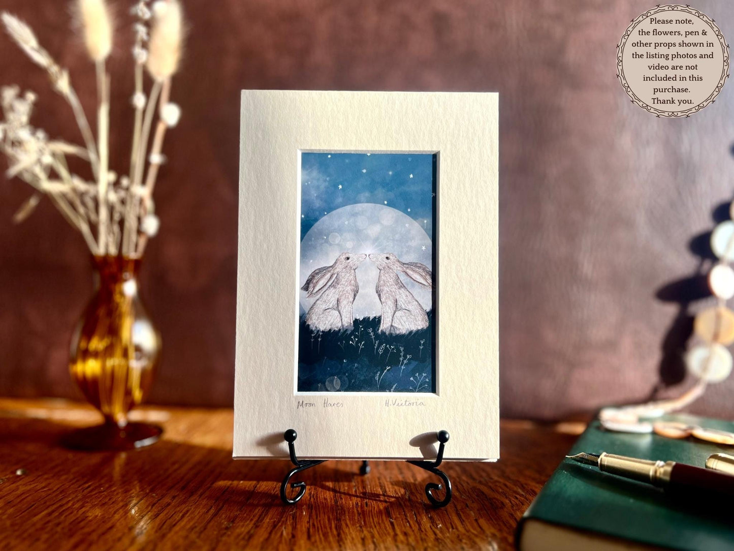 Moon Hares Art Print & Blackberry Mouse Card – Mounted Illustration Gift Set with Woodland Animals