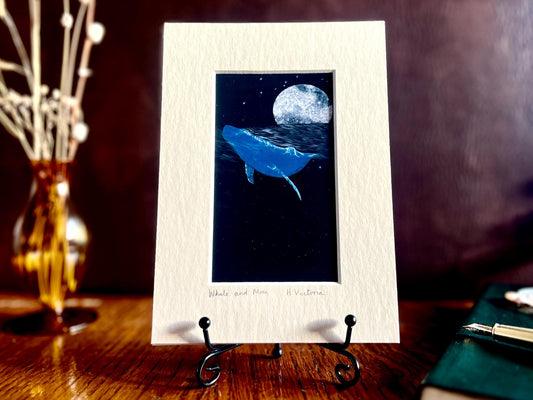 Celestial Whale and Moon Art Print – Small Illustrated Picture ina 5”x7” Mount
