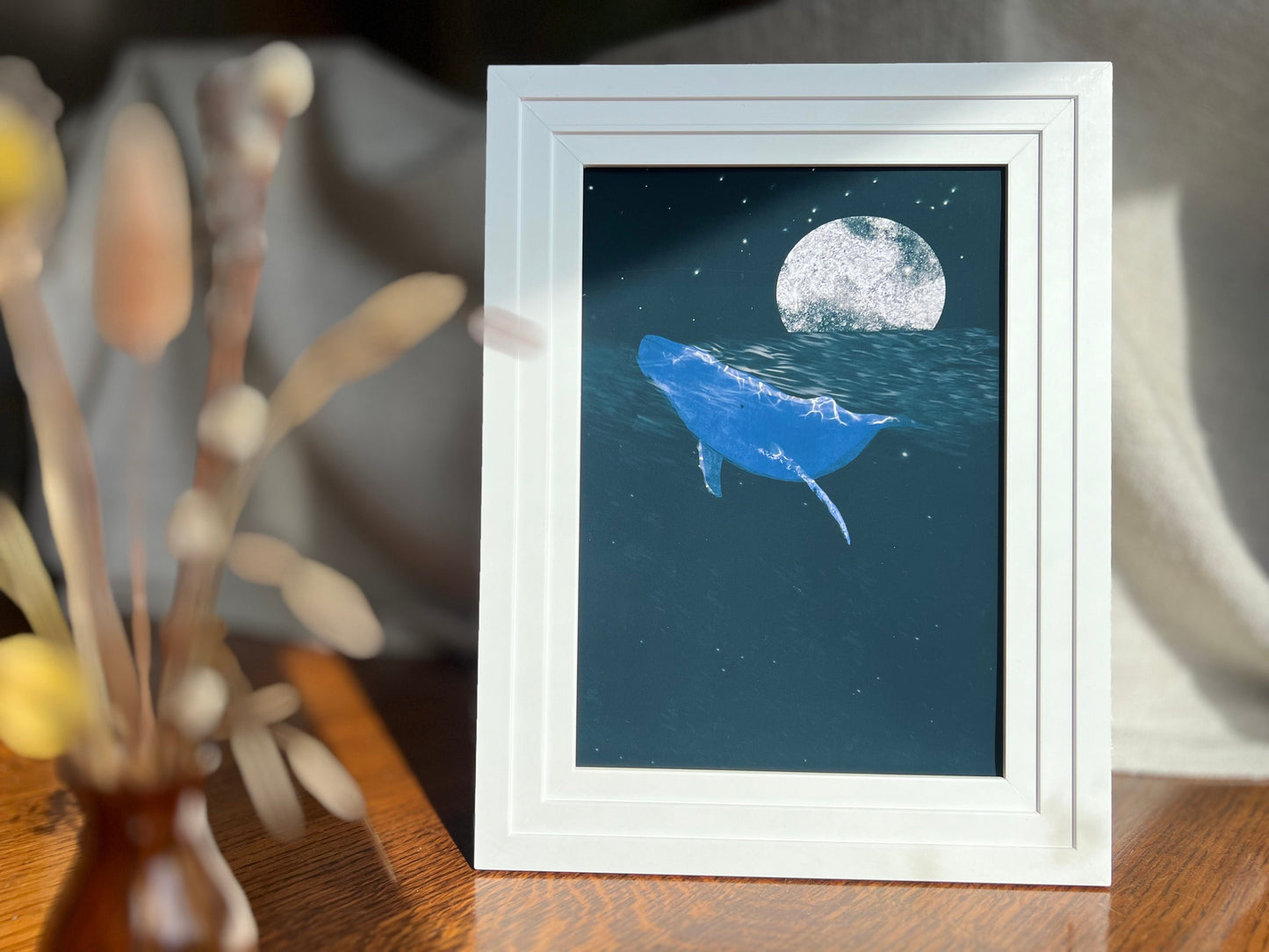 Whale and Moon Art Print – Celestial Ocean Illustration with Black Sky – Atmospheric Wall Art for Natural or Spiritual Decor