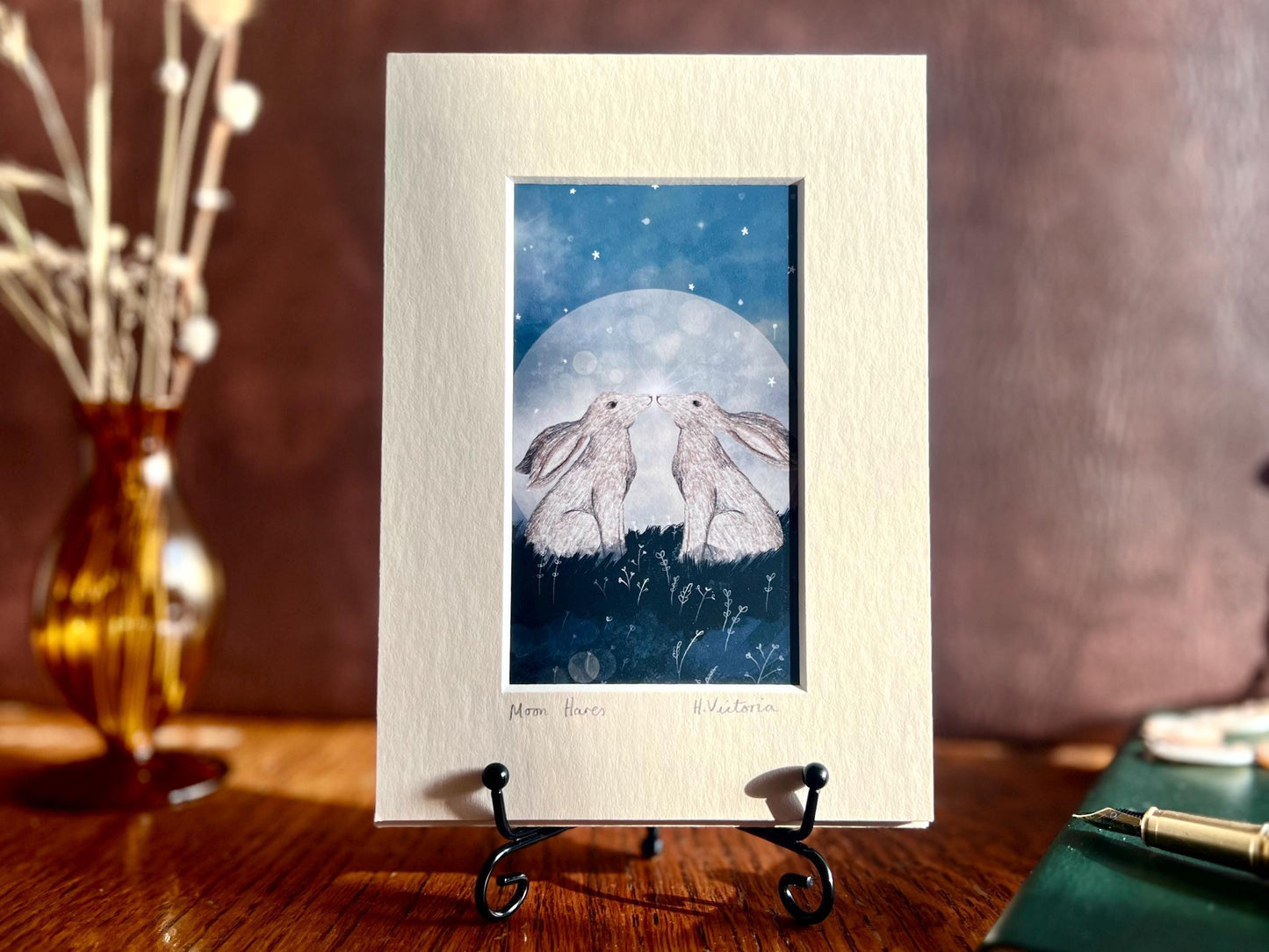 Moon Hares Art Print & Minimalist Card – Modern Woodland Animal Gift Set for Partner