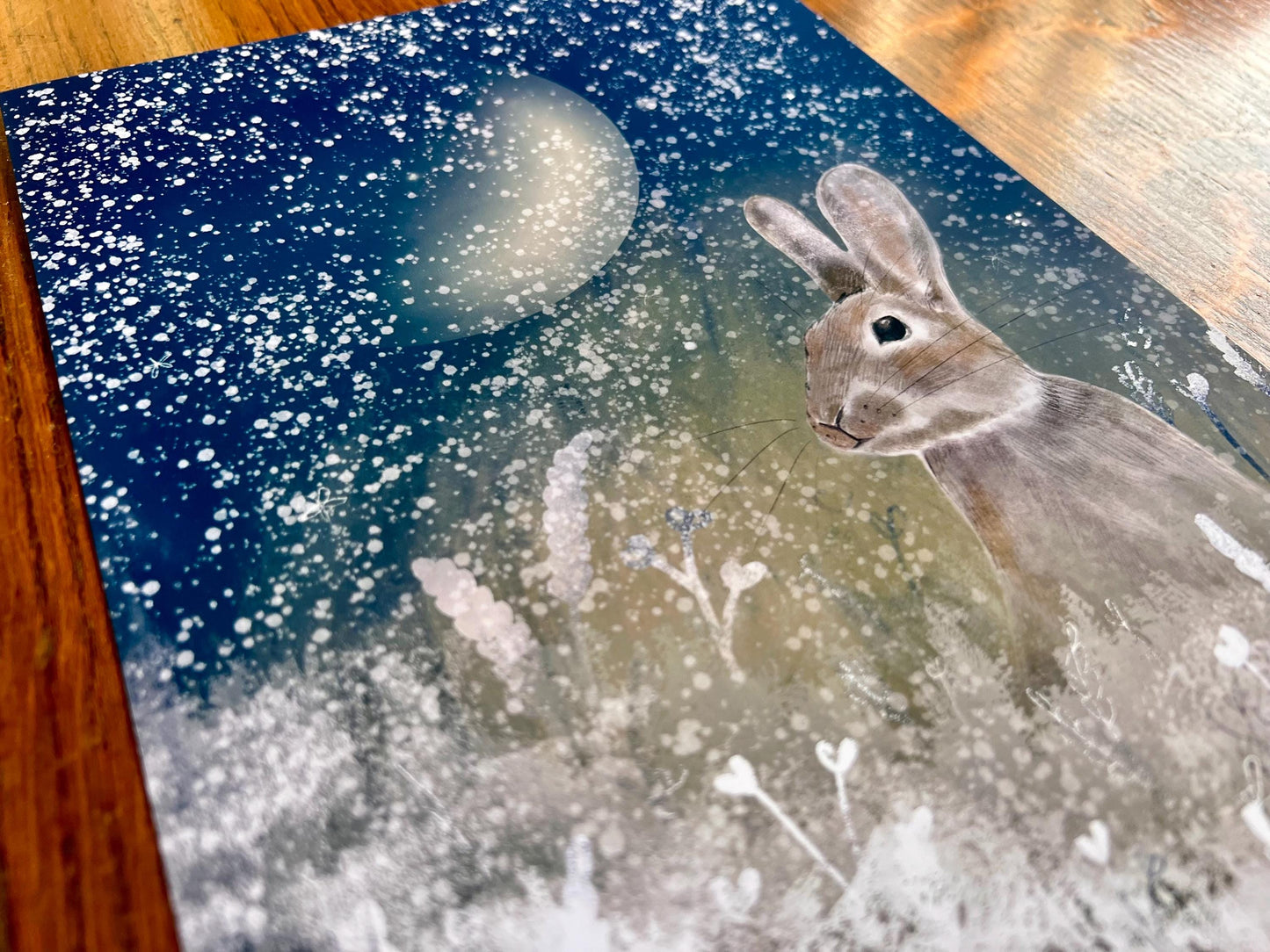 Hare and Moon Art Print – Snowy Night Woodland Illustration – Mystical Animal Artwork for Magical or Moody Interiors