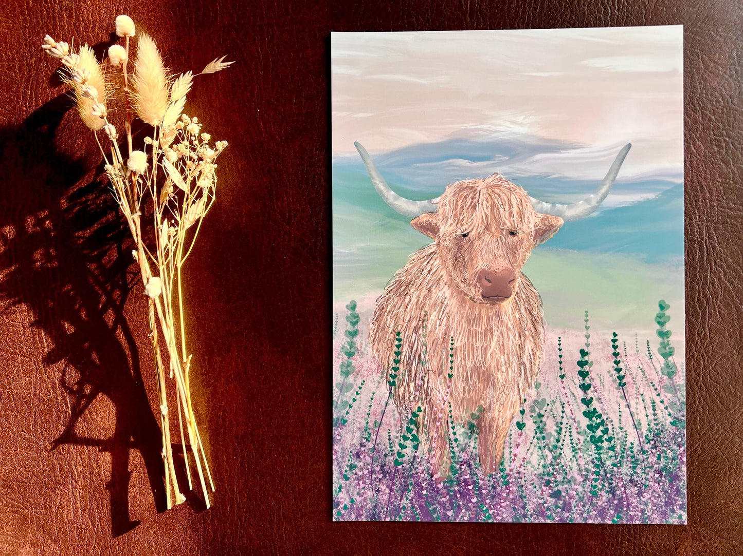Highland Cow Art Print – Scottish Landscape with Purple Heather – Rustic Animal Wall Art for Cottage Interiors