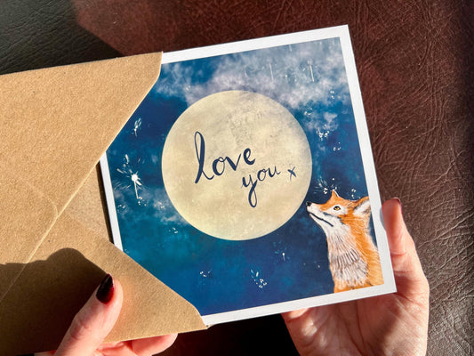 Anniversary or Valentine’s Day Card – Moongazing Fox with ‘Love You’ Text and Starry Night Sky