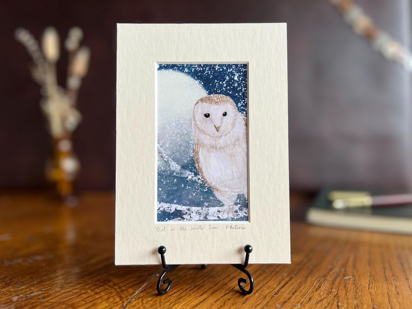 Barn Owl Art Print & Starry Rabbit Card – Celestial Woodland Animal Gift Set with Snowy Night Sky Illustration