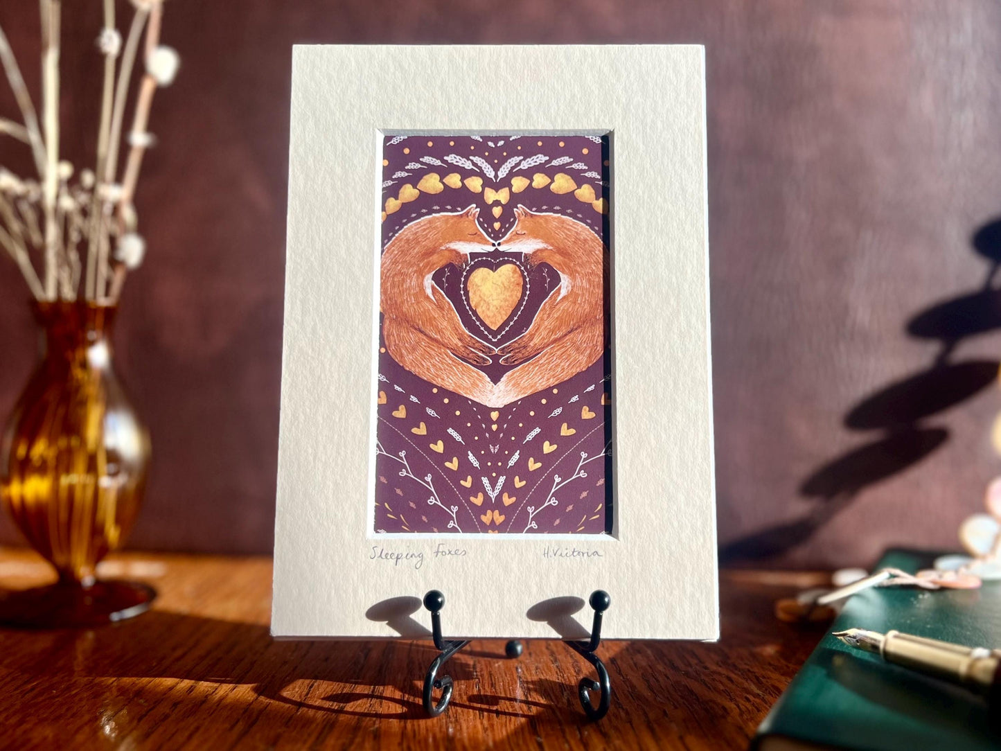 Sleeping Foxes Art Print & Minimalist ‘Love You’ Card – Modern Woodland Gift Set for Couples