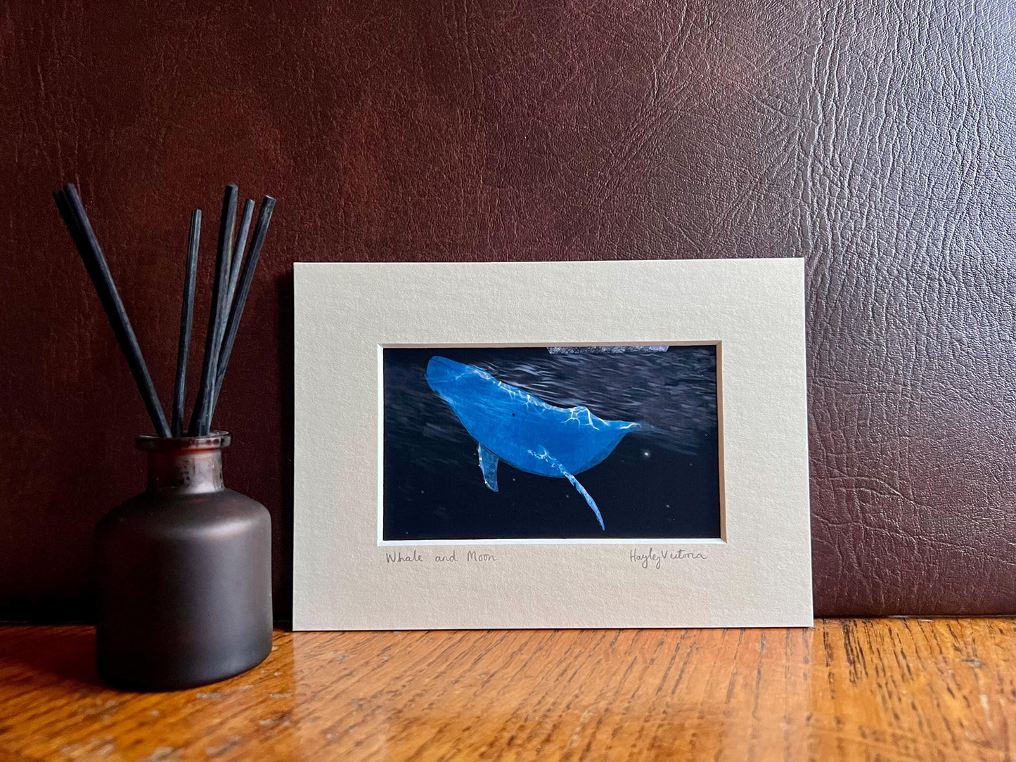 Celestial Whale and Moon Art Print – Small Illustrated Picture ina 5”x7” Mount