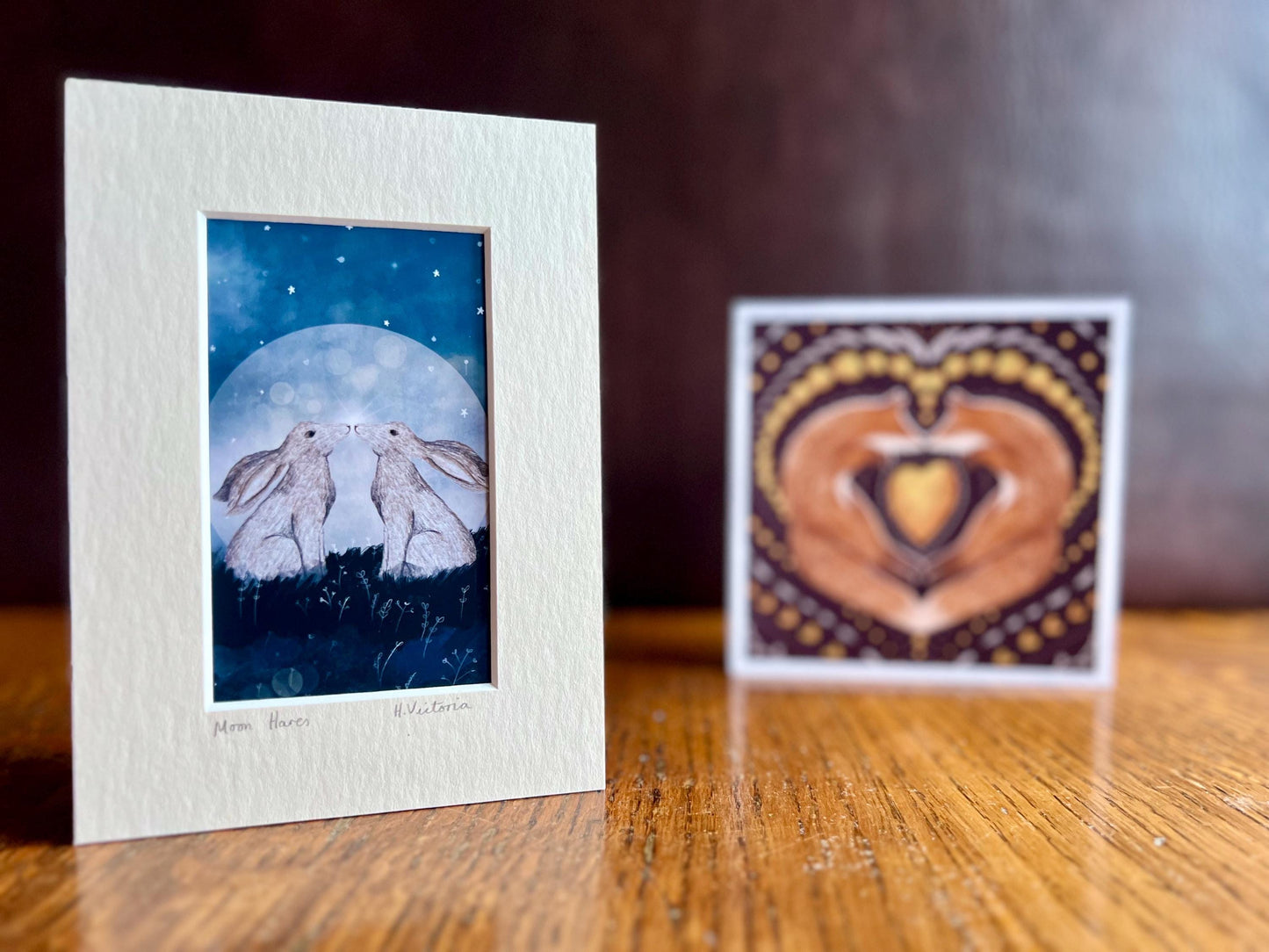 Moon Hares Illustration & Greeting Card Set – Mounted Art Print Gift with Fox Folk Art Card