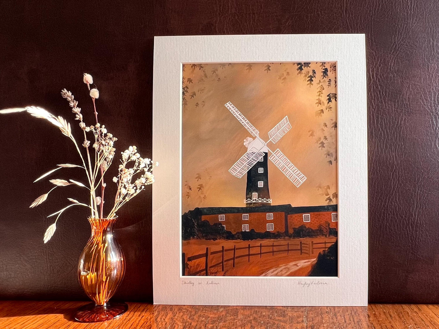 Skidby Windmill Autumn Art Print – East Yorkshire Landmark Illustration – Farmhouse Scene with Sunset and Falling Leaves