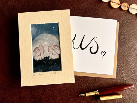 Moon Hares Art Print & Minimalist Card – Modern Woodland Animal Gift Set for Partner