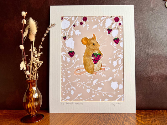 Woodland Mouse Art Print – Blush Pink Background with Blackberry & Bramble Pattern – Nursery or Calm Interior Wall Art