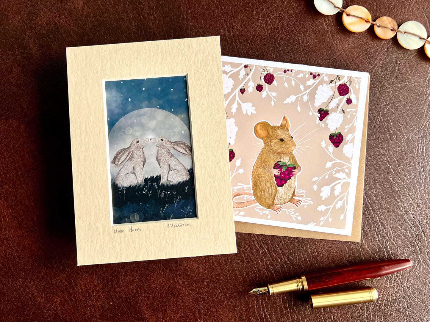 Moon Hares Art Print & Blackberry Mouse Card – Mounted Illustration Gift Set with Woodland Animals