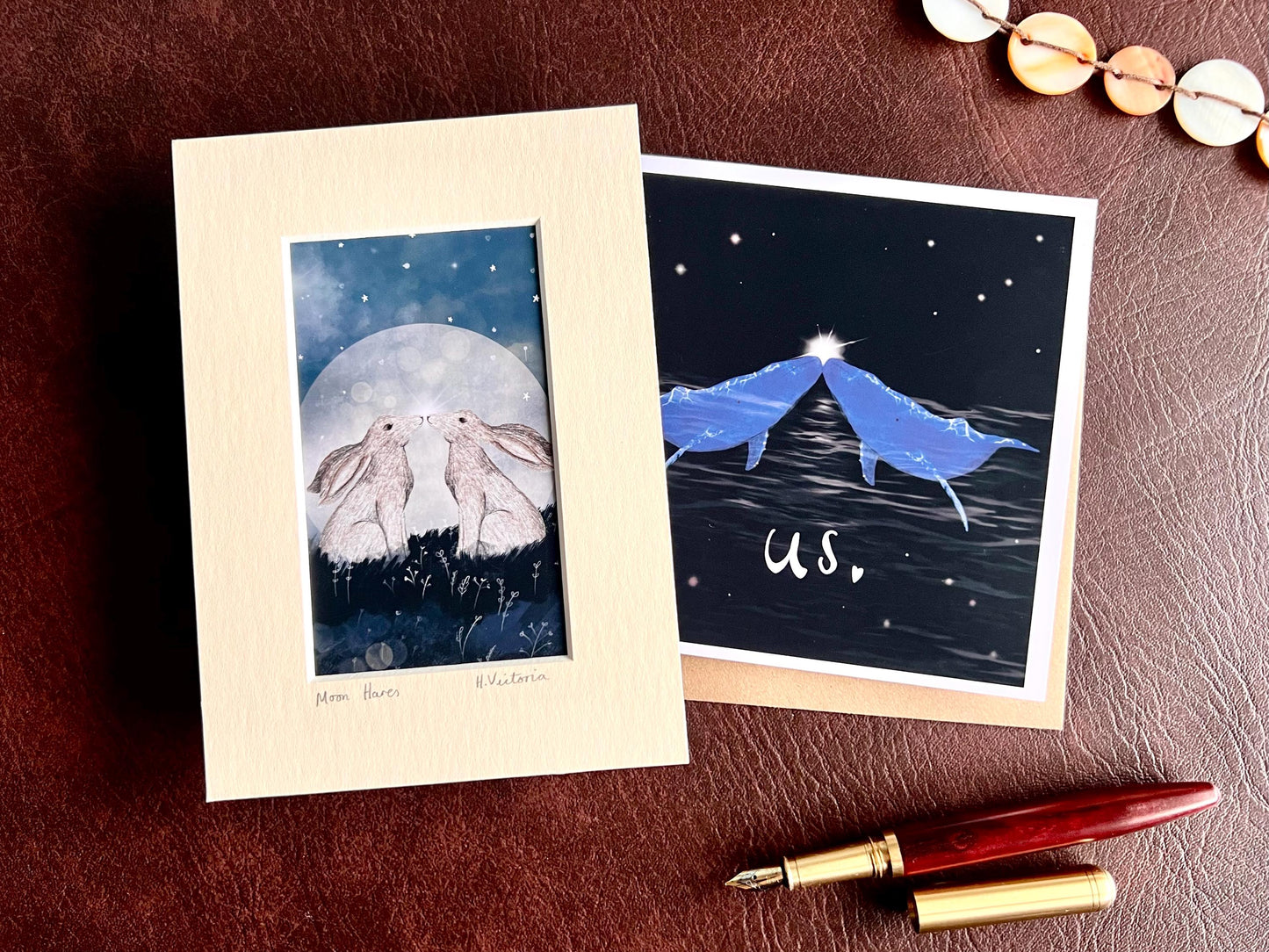 Moon Hares Art Print & Unusual Blue Whales Card – Woodland and Ocean Romantic Gift Set