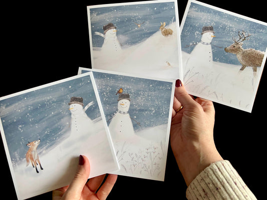 Snowman and His Winter Friends – Set of 4 Illustrated Christmas Cards with Woodland Animals