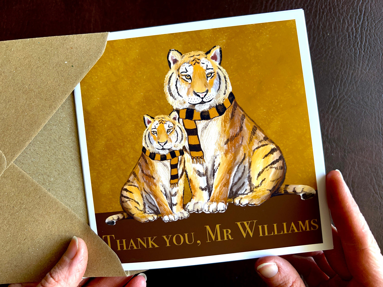 Personalised thank you card with illustrated tiger and tiger cub, featuring “Thank you, Name” text, designed by an independent UK artist