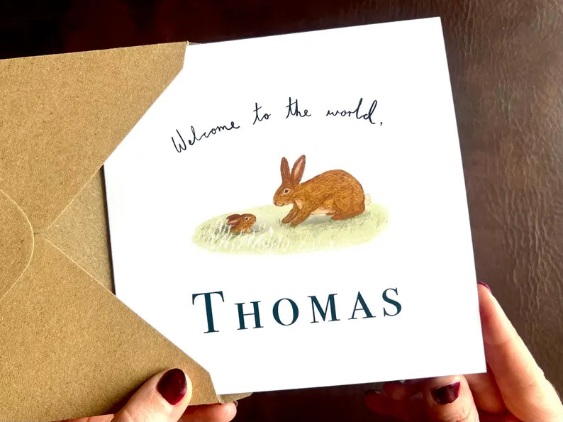Personalised new baby card illustrated by an independent UK artist, handcrafted and printed in studio with custom baby name and details