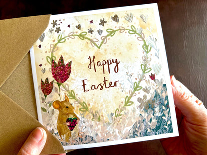 Personalised Happy Easter Card – Mouse & Floral Heart Illustration on Lemon Yellow Background