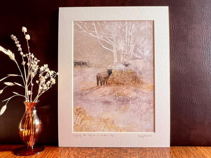 White Horse & Sheep Winter Print – Snowy Countryside Farm Scene – Rural Animal Illustration for Home or Gift