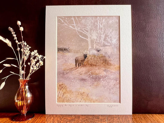 White Horse & Sheep Winter Print – Snowy Countryside Farm Scene – Rural Animal Illustration for Home or Gift
