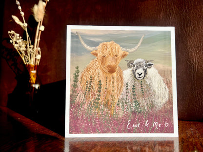 Romantic Art Card – ‘Ewe & Me’ with Swaledale Sheep and Highland Cow for Valentine’s Day