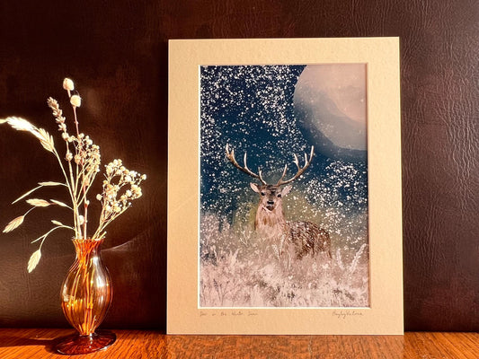 Stag and Moon Art Print – Snowy Night Woodland Illustration – Mystical Animal Artwork for Moody or Magical Interiors