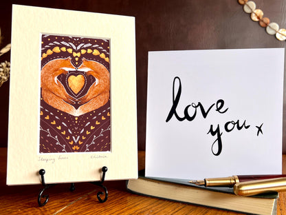 Sleeping Foxes Art Print & Minimalist ‘Love You’ Card – Modern Woodland Gift Set for Couples