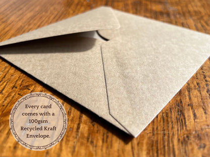 Each artist made greeting card comes with a 110gsm recycled Kraft envelope. Square card and square envelope. 