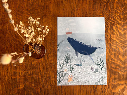 Under the Sea Art Print – Blue Whale, Lobster & Crab Illustration – Coastal Wall Art for Nautical or Beach Decor