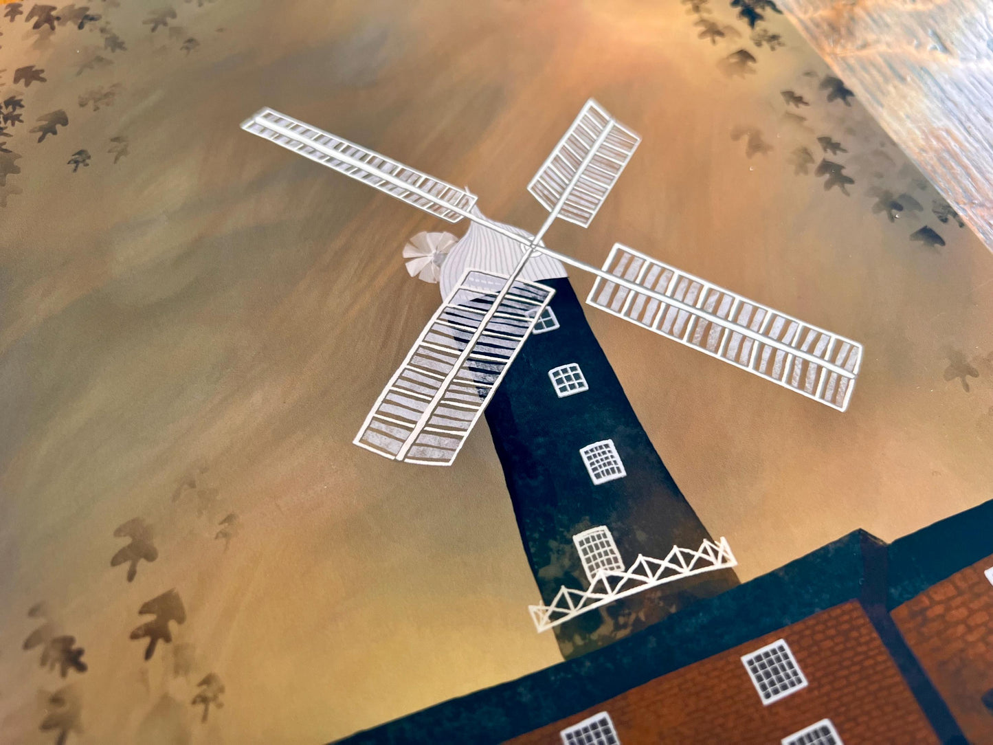 Skidby Windmill Autumn Art Print – East Yorkshire Landmark Illustration – Farmhouse Scene with Sunset and Falling Leaves