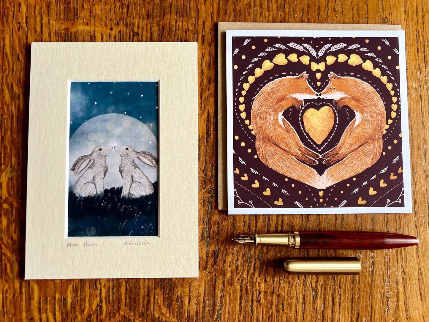 Moon Hares Illustration & Greeting Card Set – Mounted Art Print Gift with Fox Folk Art Card