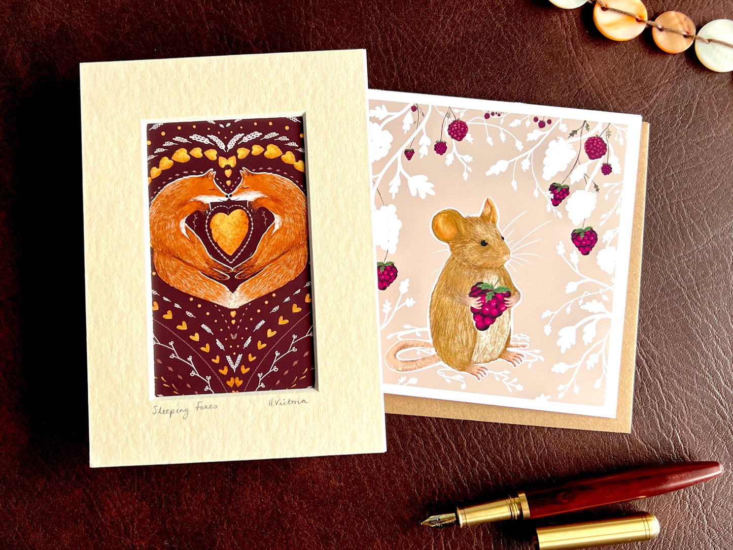 Sleeping Foxes Art Print & Blackberry Mouse Card – Woodland Animal Gift Set with Autumn Leaves Illustration