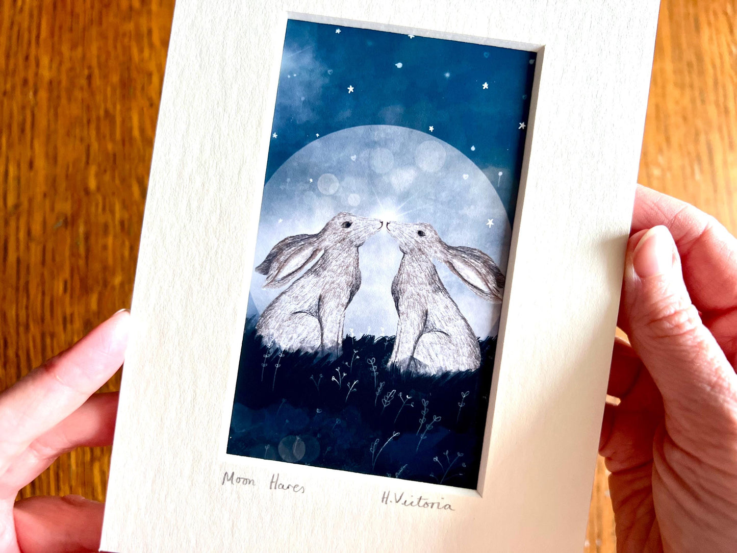 Moongazing Hares Art Print – Small Mystical Home Accent in 5”x7” Mount