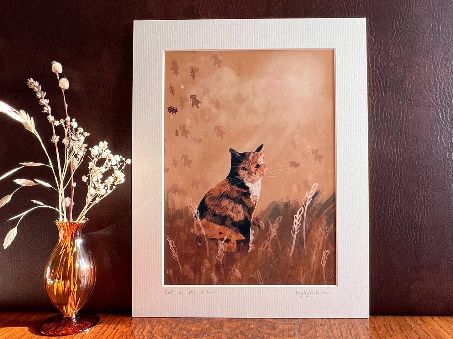 Calico Cat Art Print – Autumn Sunset Illustration – Tortoiseshell Cat Gift or Memorial Artwork for Cat Lovers