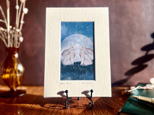 Moongazing Hares Art Print – Small Mystical Home Accent in 5”x7” Mount