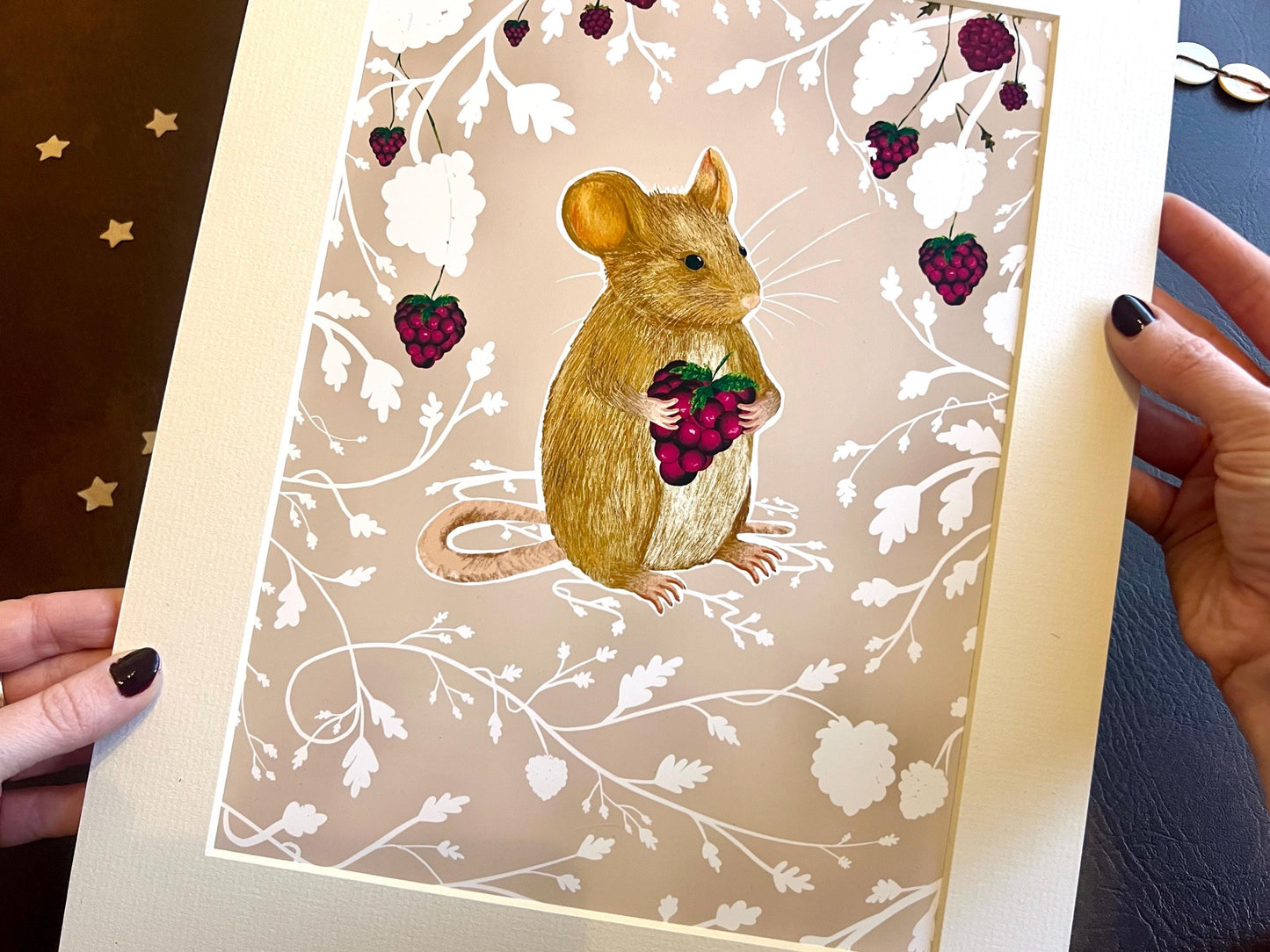 Woodland Mouse Art Print – Blush Pink Background with Blackberry & Bramble Pattern – Nursery or Calm Interior Wall Art