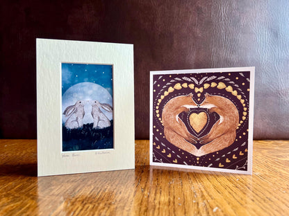 Moon Hares Illustration & Greeting Card Set – Mounted Art Print Gift with Fox Folk Art Card