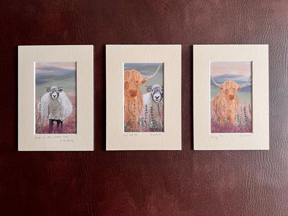 Highland Cow & Swaledale Sheep Art Print Set – Heather Moorland Triptych for Shelf Display