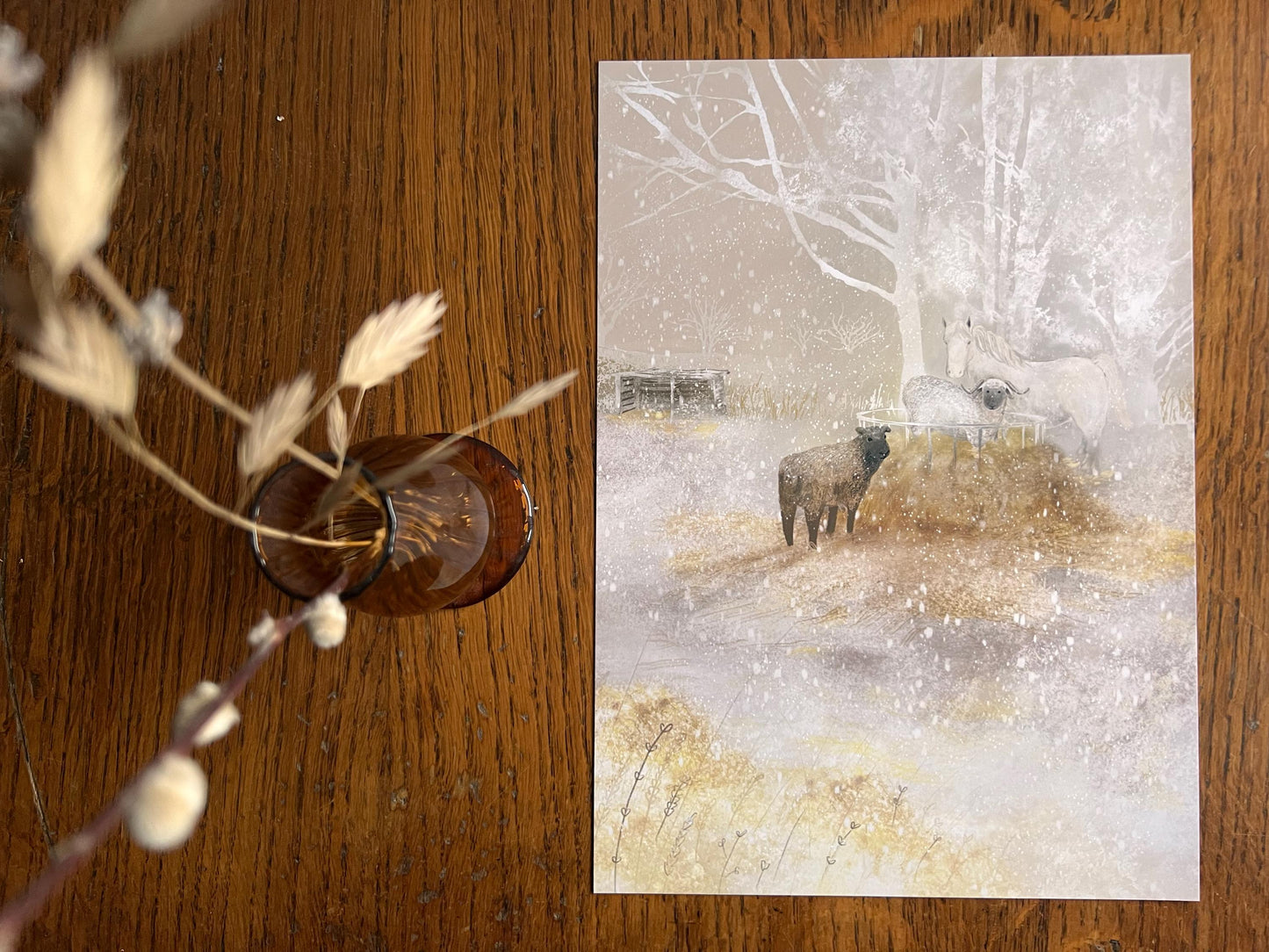 White Horse & Sheep Winter Print – Snowy Countryside Farm Scene – Rural Animal Illustration for Home or Gift