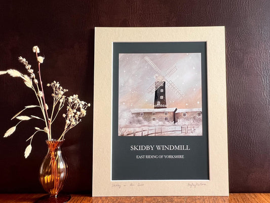 Skidby Windmill Snow Print – East Yorkshire Winter Landscape Illustration – Multiple Background Colours Available