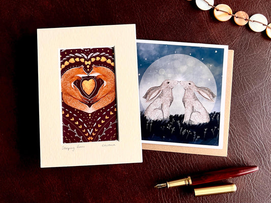 Sleeping Foxes Art Print & Moon Hares Greeting Card – Woodland Animal Gift Set with Heartwarming Illustrations