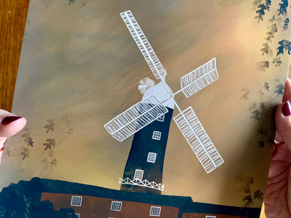 Skidby Windmill Autumn Art Print – East Yorkshire Landmark Illustration – Farmhouse Scene with Sunset and Falling Leaves