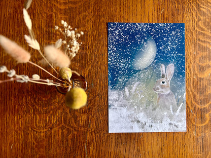 Hare and Moon Art Print – Snowy Night Woodland Illustration – Mystical Animal Artwork for Magical or Moody Interiors