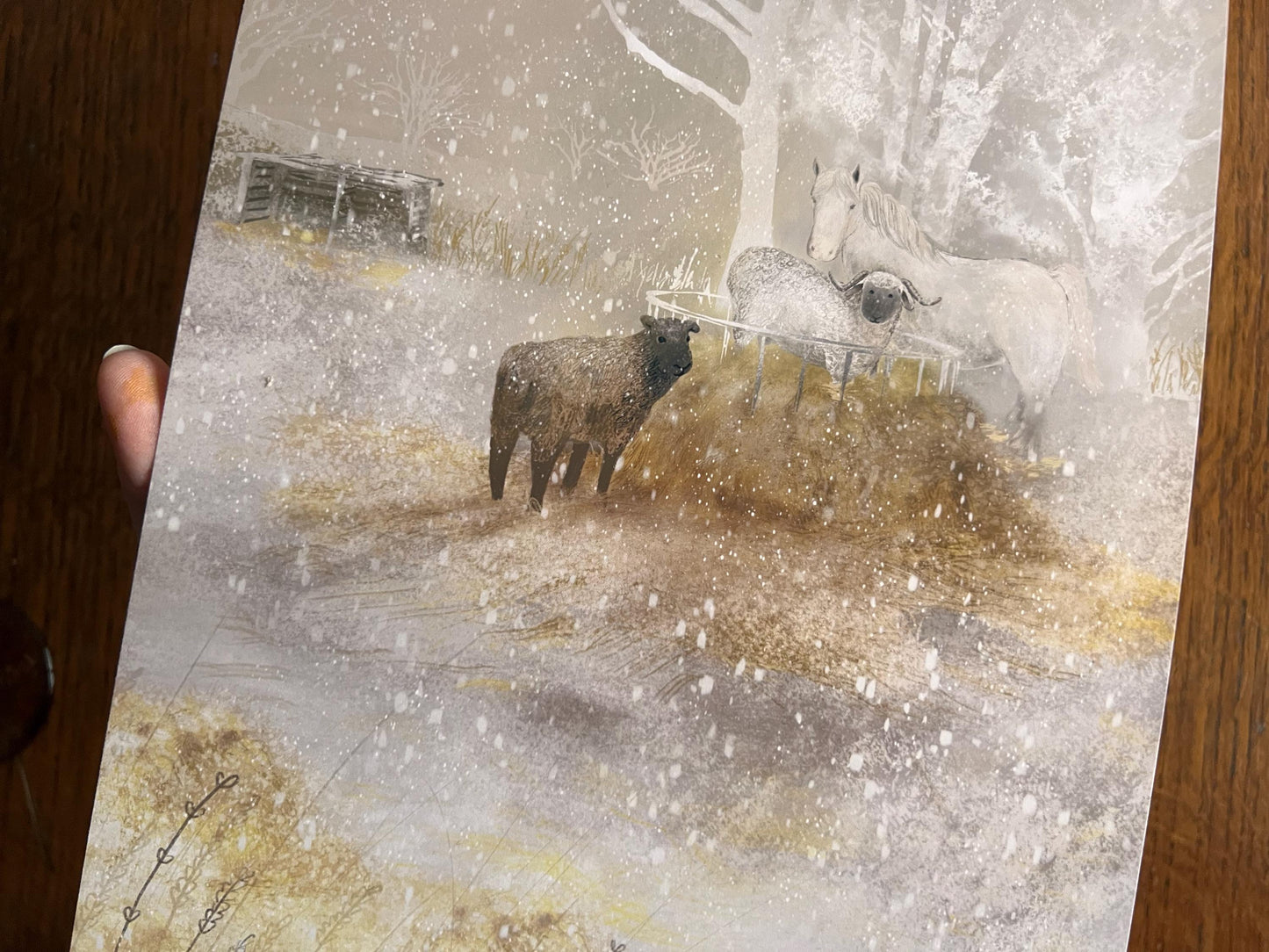 White Horse & Sheep Winter Print – Snowy Countryside Farm Scene – Rural Animal Illustration for Home or Gift