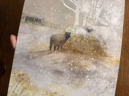 White Horse & Sheep Winter Print – Snowy Countryside Farm Scene – Rural Animal Illustration for Home or Gift
