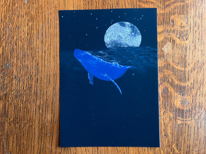 Whale and Moon Art Print – Celestial Ocean Illustration with Black Sky – Atmospheric Wall Art for Natural or Spiritual Decor