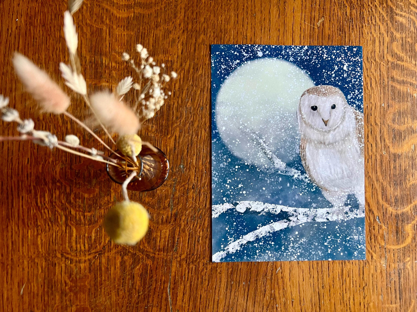 Barn Owl in Snow Art Print – Winter Woodland Scene with Moon – Celestial Animal Illustration for Magical or Rustic Decor