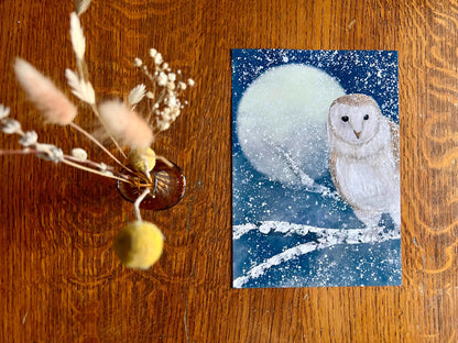 Barn Owl in Snow Art Print – Winter Woodland Scene with Moon – Celestial Animal Illustration for Magical or Rustic Decor