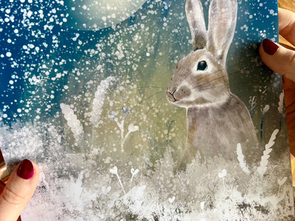 Hare and Moon Art Print – Snowy Night Woodland Illustration – Mystical Animal Artwork for Magical or Moody Interiors